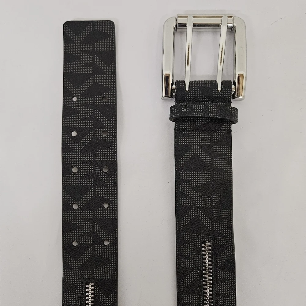 MICHAEL Michael Kors Black Monogram Zippered Belt Silver Tone Buckle Size Large